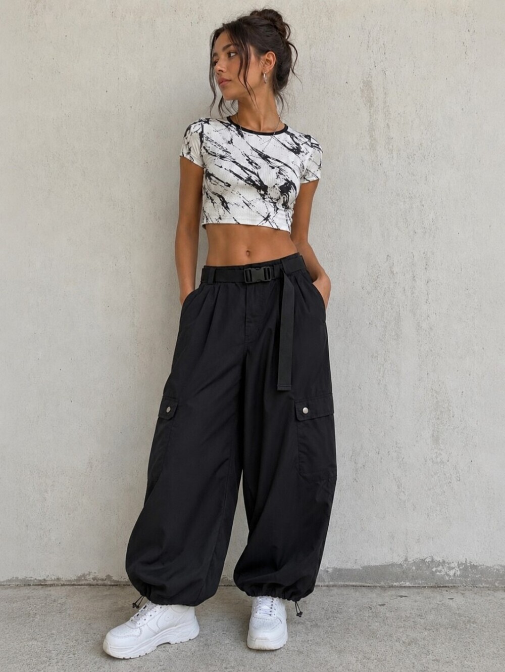 Noisy May Theo Cargo Harem Black High-Waisted Pants Cotton Women Waist 28